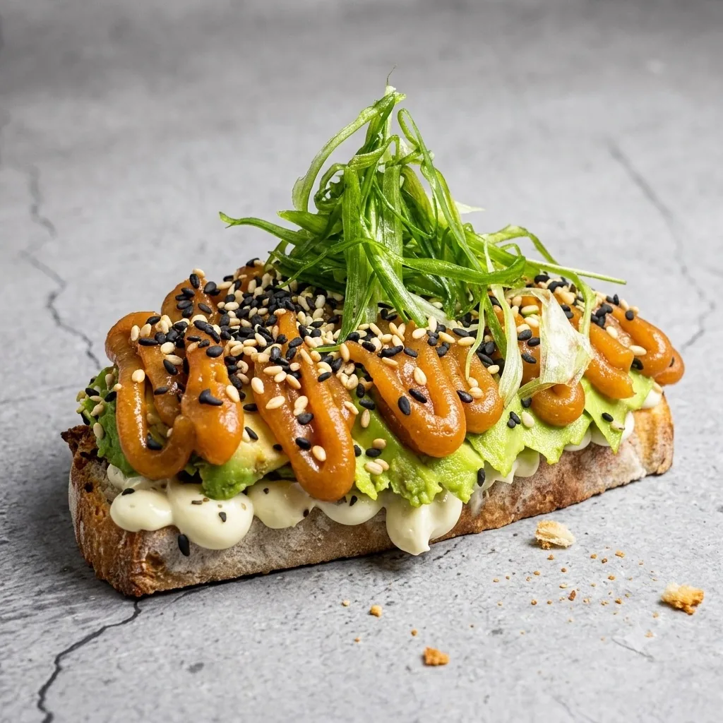 Avocado peanut butter toast with curled green onion and sesame on sourdough
