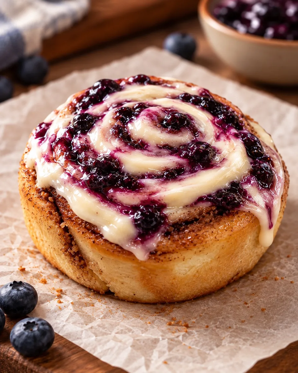 Blueberry cinnamon roll with cream frosting and whole-berry blueberry compote
