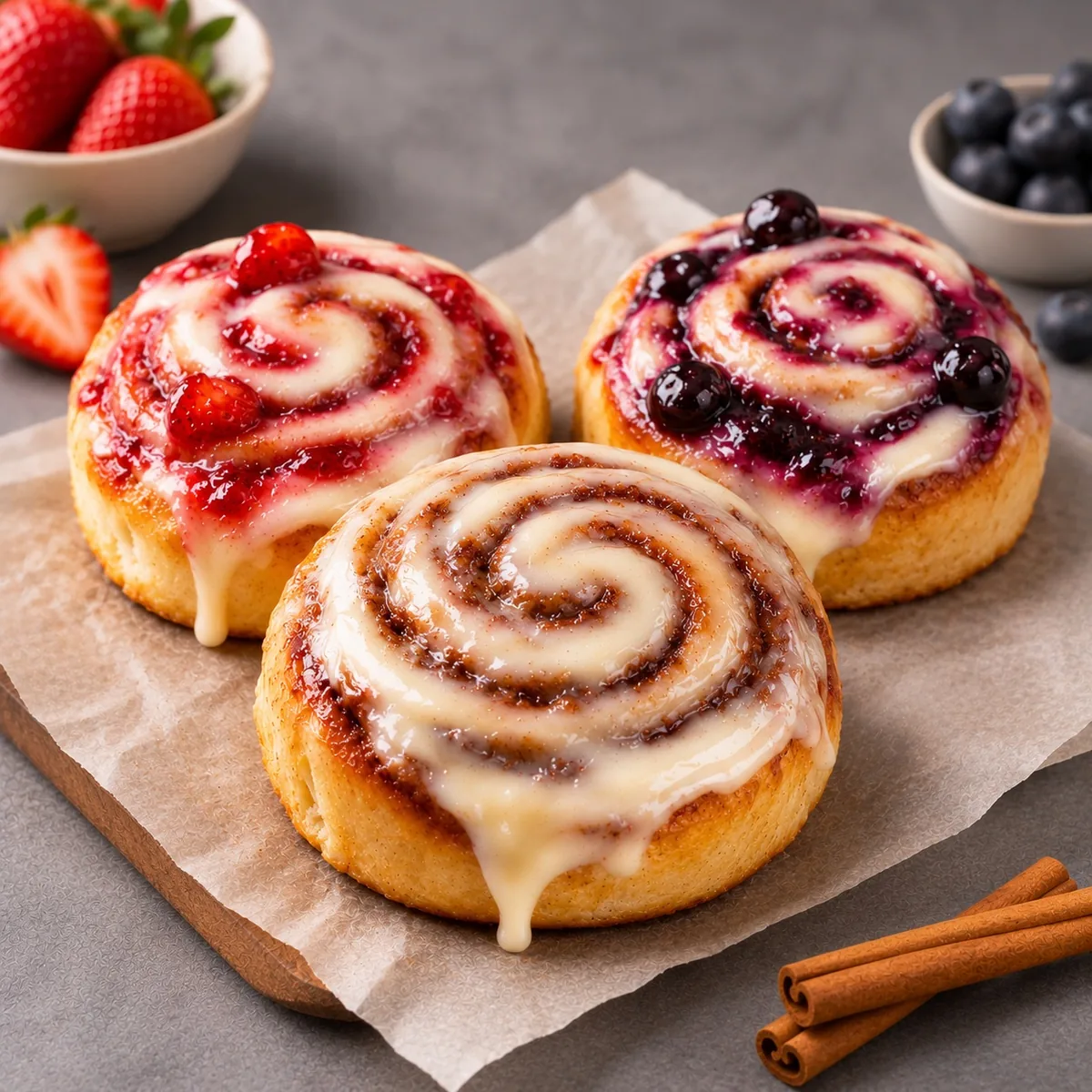 Three Moi Doughssier cinnamon rolls - classic, strawberry and blueberry - on baking parchment
