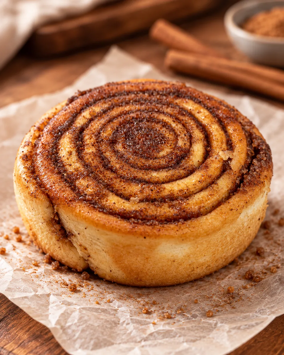 Classic cinnamon roll with a spiral of cinnamon sugar on parchment