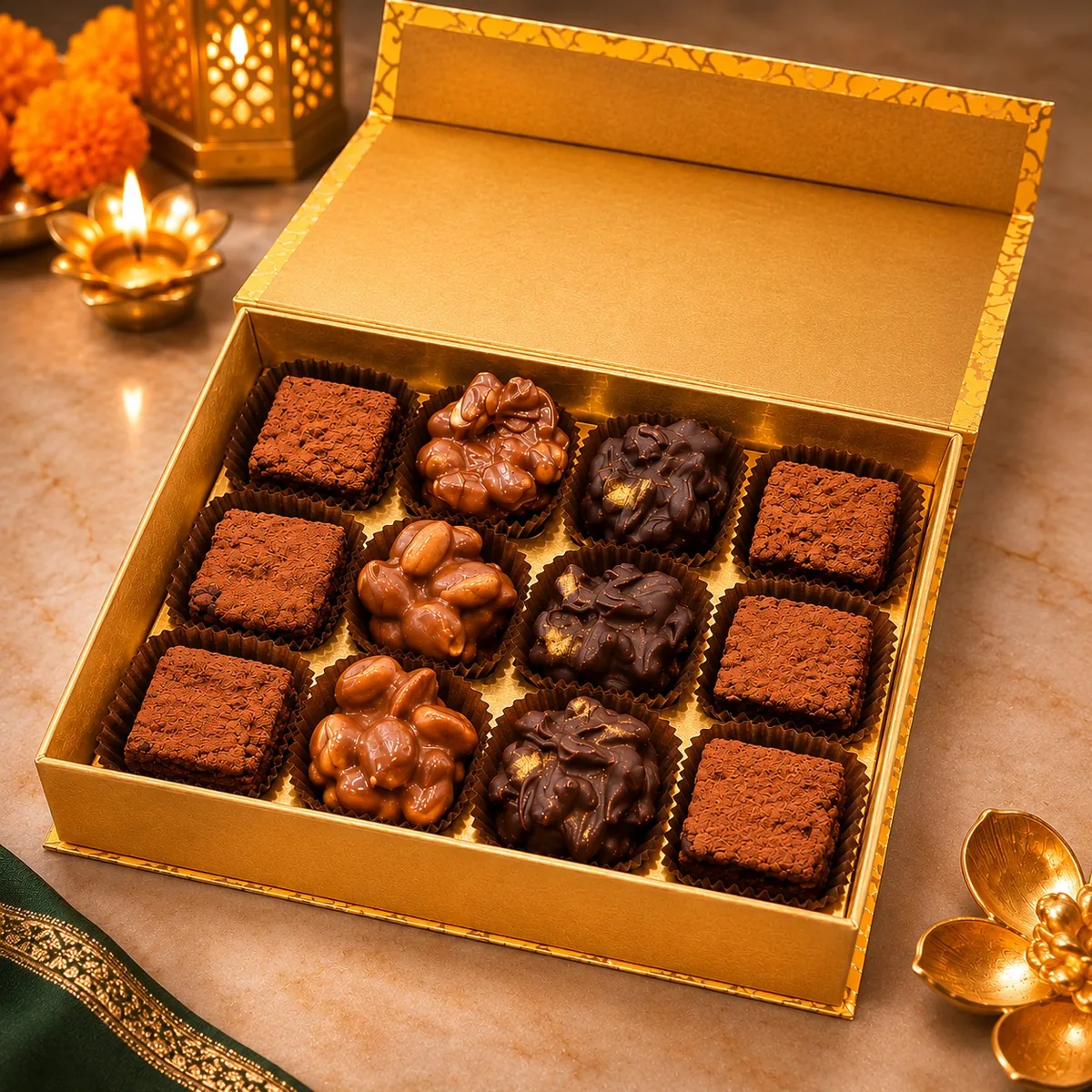 The Diwali Indulgence Box - an open gold gift box of 12 handcrafted chocolates, fudge bites and rochers, beside diyas