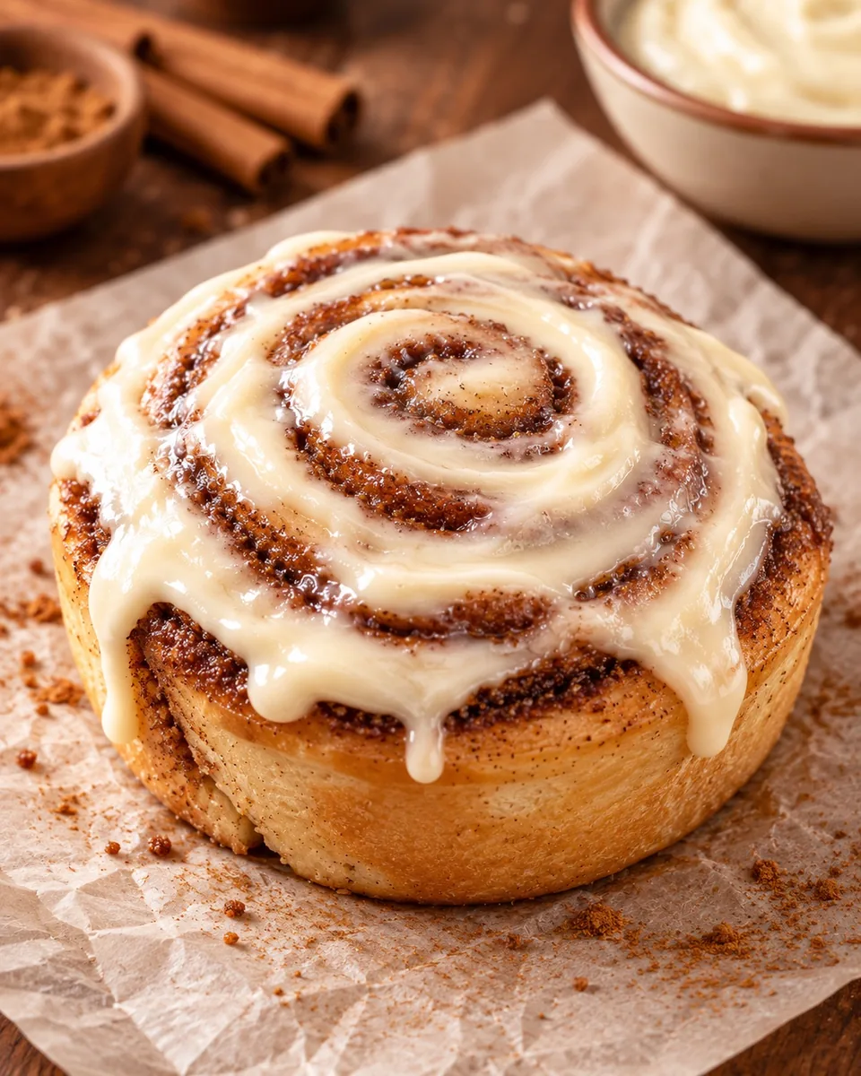Frosted cinnamon roll with cream frosting dripping down the sides