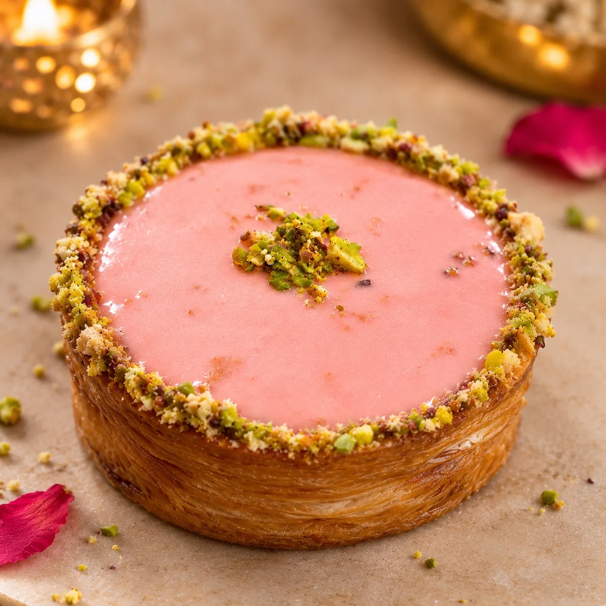 Gulkand croissart - rose-infused gulkand cream in a flaky croissant pastry shell with crushed pistachios