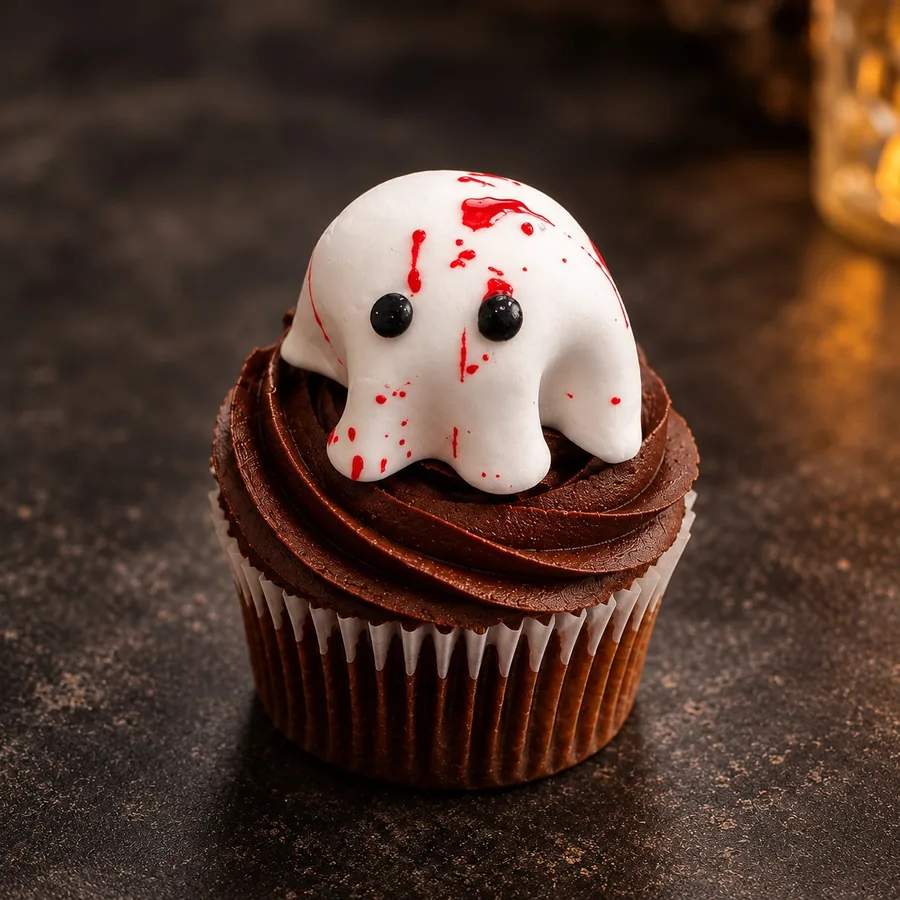 Boo-tiful Chocolate cupcake: a chocolate cupcake with swirled chocolate frosting and a white sugar-paste ghost splattered with red