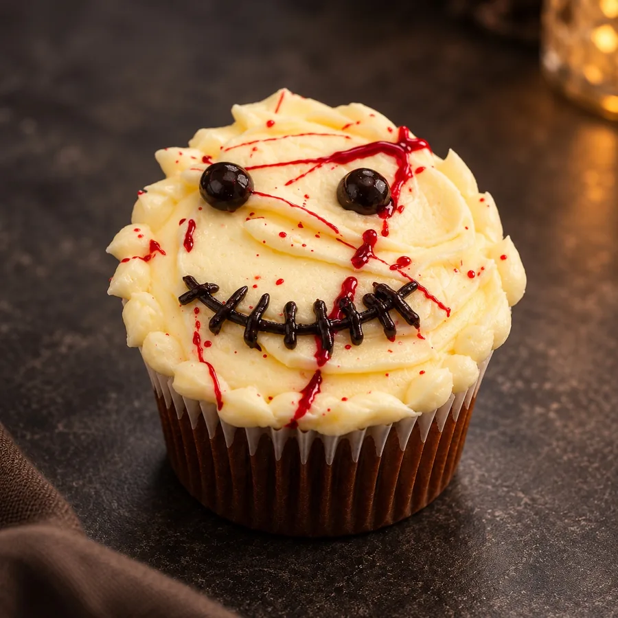 Mummy's Revenge cupcake: cream buttercream with chocolate eyes, a stitched chocolate smile and red splatters