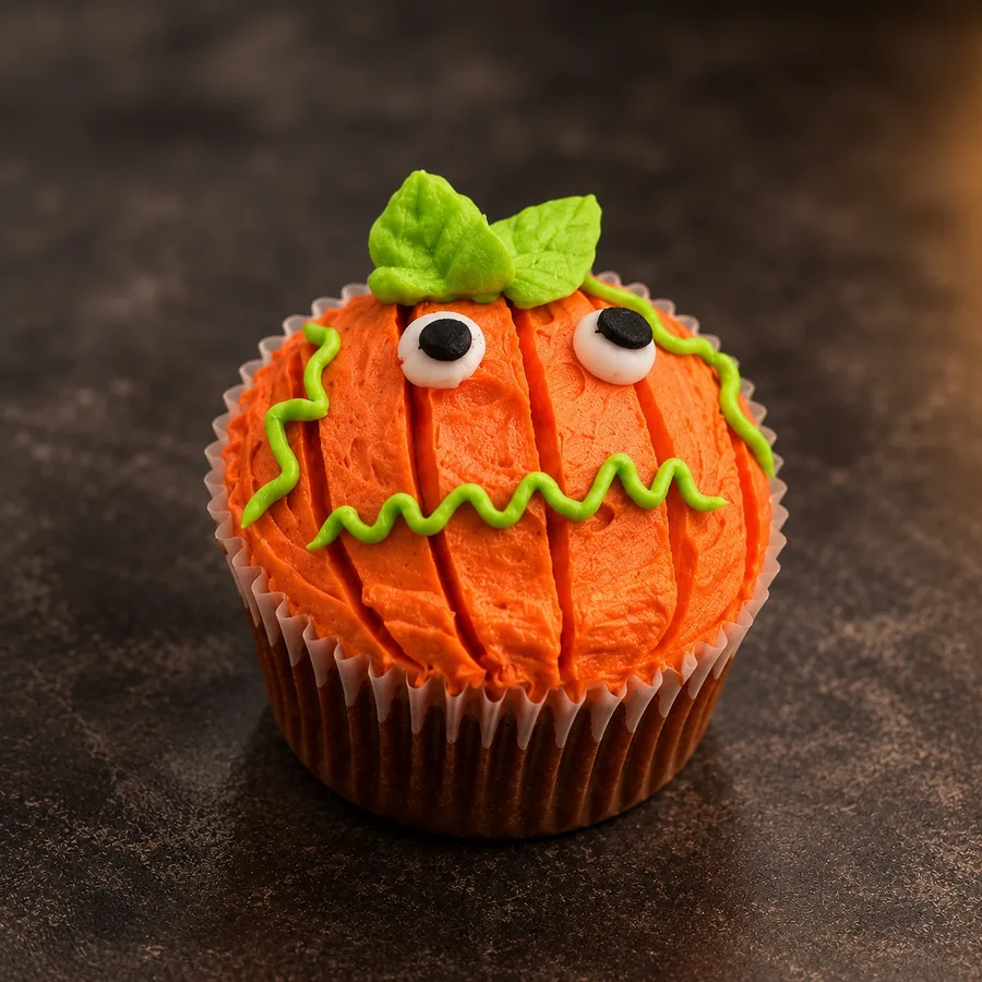 Pumpkin Mischief cupcake: orange ribbed buttercream pumpkin with googly eyes, a green wavy grin and leaves