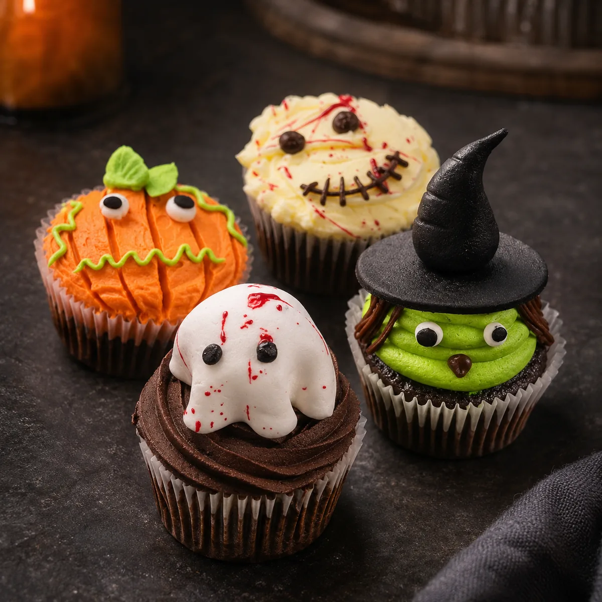 The Spooky Four: four Halloween chocolate cupcakes, a pumpkin, a stitched mummy, a ghost and a green witch in a black hat