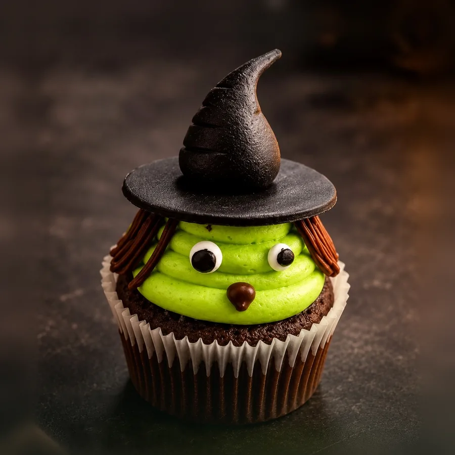 Witch Please cupcake: green buttercream witch face with brown piped hair and a black sugar-paste hat on a chocolate cupcake