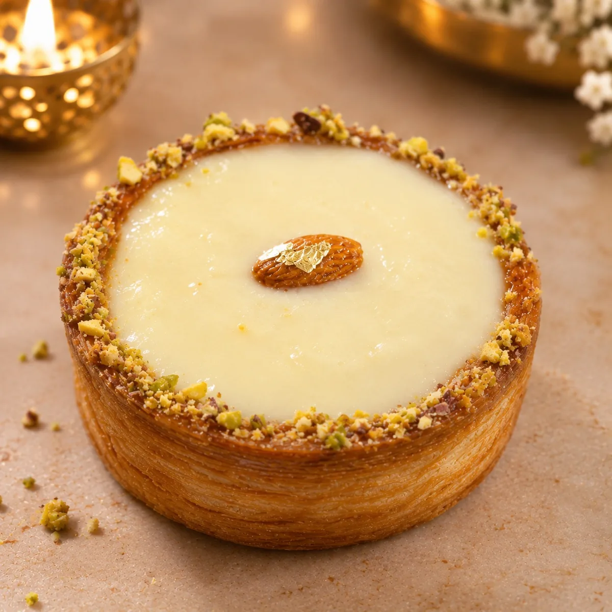 Kalakand croissart topped with a gold-leaf almond and pistachios