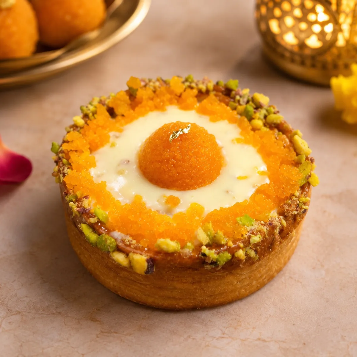 Motichoor croissart topped with a motichoor laddoo and pistachios
