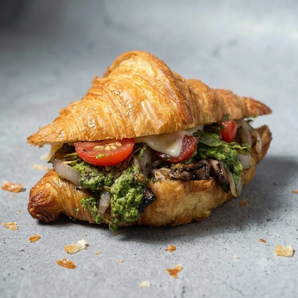 Grilled mushroom and cherry tomato pesto croissant sandwich