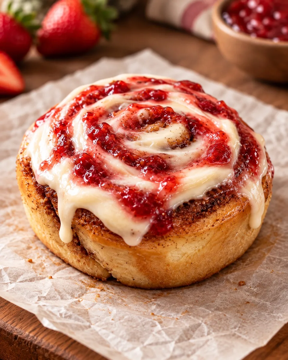 Strawberry cinnamon roll with cream frosting and strawberry compote