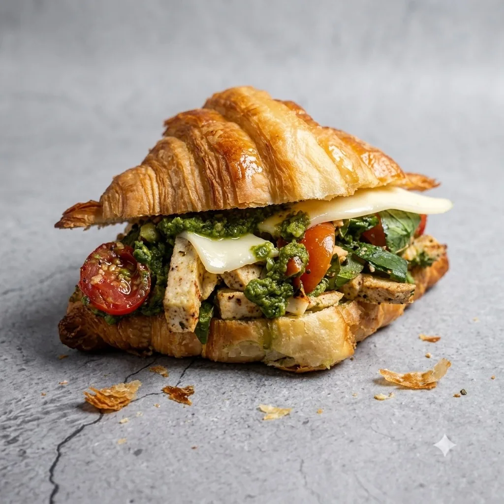 Thecha paneer croissant sandwich with cherry tomatoes and melted cheese